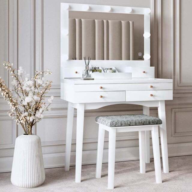 CARME Home Taylor 4 Drawer White LED Mirror Hollywood Dressing Table Set - Size: 41 x 47.5 x 89cm - Wilko - image 1