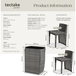 tectake Hamburg 2 Seater Rattan Garden Bistro Set Grey - Wilko - thumbnail 7
