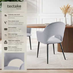 tectake Sasha Set of 2 Light Grey Velvet Dining Chair - Wilko - thumbnail 7