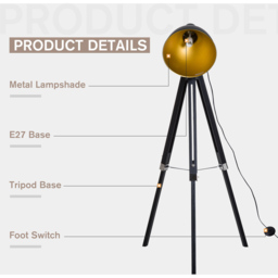 Portland Black and Gold Tripod Studio Floor Lamp - Size: 65 x 65 x 152cm - Wilko - thumbnail 5