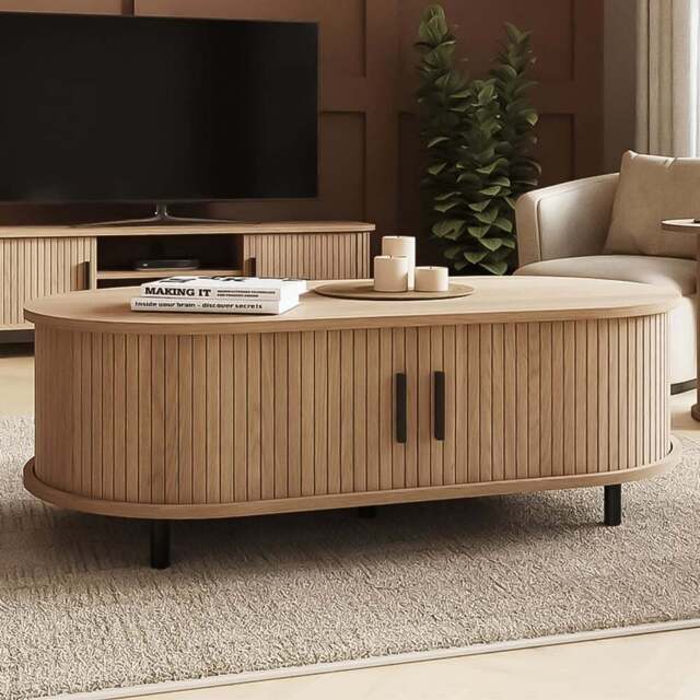GFW Omari 2 Tambour Sliding Door Oak Slatted Coffee Table - Size: 40 x 120 x 60cm - Wilko - image 1