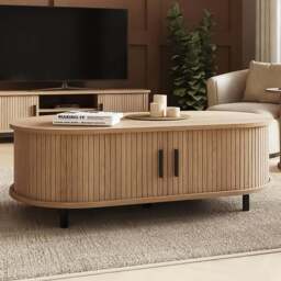 GFW Omari 2 Tambour Sliding Door Oak Slatted Coffee Table - Size: 40 x 120 x 60cm - Wilko - thumbnail 1