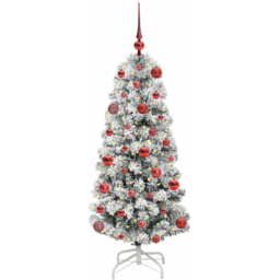 vidaXL Pre-Lit Warm White LED and Red Baubles Snow Flocked Artificial Christmas Tree 3.9ft - Green - Wilko