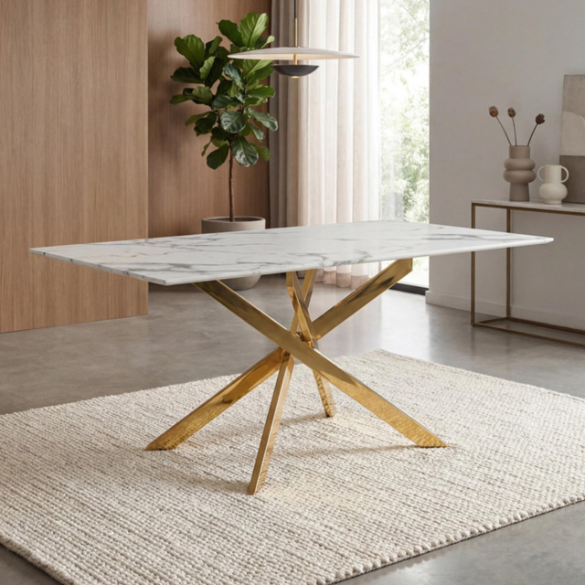 wilko Monaco 4 Seater Marble Glass Dining Table Gold and White - Shankar - image 1