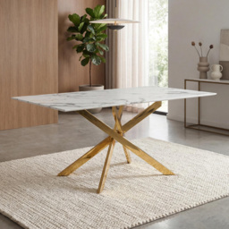 wilko Monaco 4 Seater Marble Glass Dining Table Gold and White - Shankar