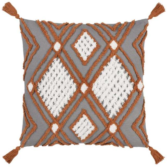 furn. Aquene Charcoal and Brick Tufted Tasselled Cushion - Size: 50 x 50cm - Multi - Wilko - image 1