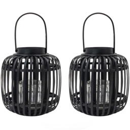 JVL Luna Black Natural Bamboo Lantern with Handle 2 Pack - Size: 25 x 23.5 x 23.5cm - Wilko
