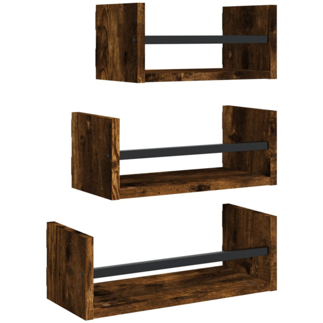 vidaXL Set of 3 Smoked Oak Wooden Wall Shelf with Bars - Size: 14 x 80 x 16cm - Brown - Wilko - image 1