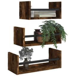 vidaXL Set of 3 Smoked Oak Wooden Wall Shelf with Bars - Size: 14 x 80 x 16cm - Brown - Wilko - thumbnail 4
