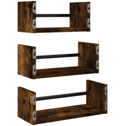 vidaXL Set of 3 Smoked Oak Wooden Wall Shelf with Bars - Size: 14 x 80 x 16cm - Brown - Wilko - thumbnail 5