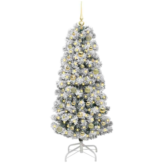 vidaXL Pre-Lit Warm White LED and Gold Baubles Snow Flocked Artificial Christmas Tree 4.9ft - Green - Wilko - image 1
