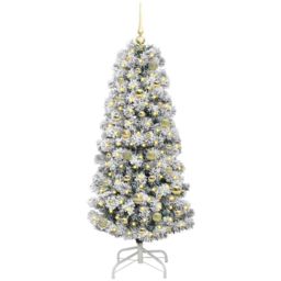 vidaXL Pre-Lit Warm White LED and Gold Baubles Snow Flocked Artificial Christmas Tree 4.9ft - Green - Wilko