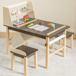 Costway 2 Seater Kids Coffee Table and Chair Set with Bins and Paper Roll Holder - Size: 101 x 71 x 17cm - Brown - Wilko - thumbnail 1
