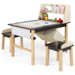 Costway 2 Seater Kids Coffee Table and Chair Set with Bins and Paper Roll Holder - Size: 101 x 71 x 17cm - Brown - Wilko - thumbnail 3