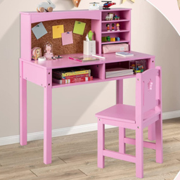 Costway Kids Pink Table and Chair Set with Hutch - Size: 89 x 47 x 15cm - Wilko