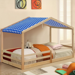 Brooklyn Single Natural Wooden House Style Bed with Blue Tent - Cream - Wilko