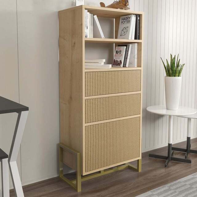 Decorotika Utopie 3 Door 2 Shelf Oak and Rattan Modern Bookshelf - Size: 60 x 136.8 x 35cm - Multi - Wilko - image 1