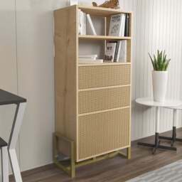 Decorotika Utopie 3 Door 2 Shelf Oak and Rattan Modern Bookshelf - Size: 60 x 136.8 x 35cm - Multi - Wilko