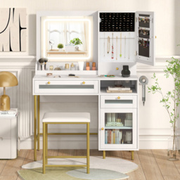 Costway 2 Drawer White Dressing Table and Chair Set with LED Mirror - Size: 96 x 40 x 135cm - Wilko - thumbnail 4