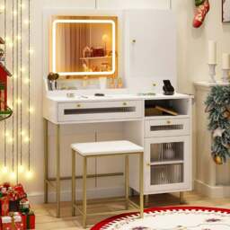 Costway 2 Drawer White Dressing Table and Chair Set with LED Mirror - Size: 96 x 40 x 135cm - Wilko