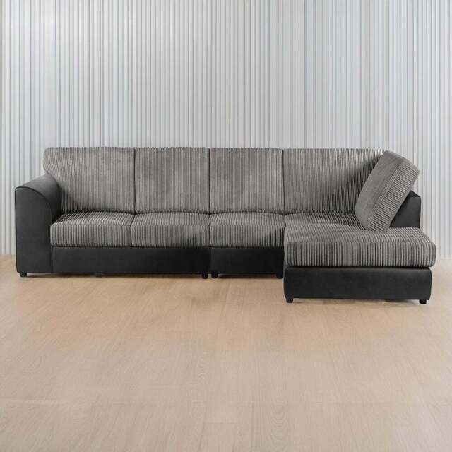Luxor 4 Seater Black and Grey Jumbo Cord Right Hand Facing Full Back L Shaped Corner Sofa Set - Multi - Wilko - image 1