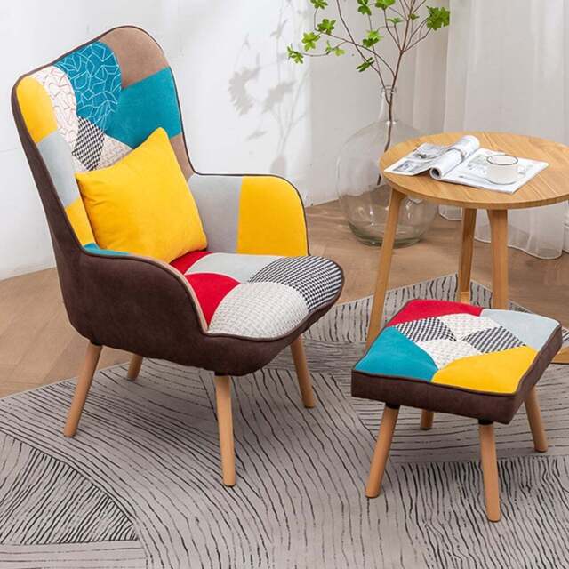 Living and Home Multicolour Wing Back Armchair with Footstool - Size: Single - White - Wilko - image 1