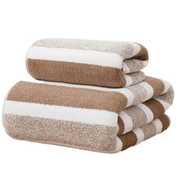Dyzi Brown Striped Ultra Absorbent Quick Dry Hand and Bath Towel Set - Size: 140 x 70 x 3cm - Wilko