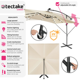 tectake Sunna Beige Solar LED Lighting Parasol 2.5 x 2.5m - Size: 3m - Cream - Wilko - thumbnail 7