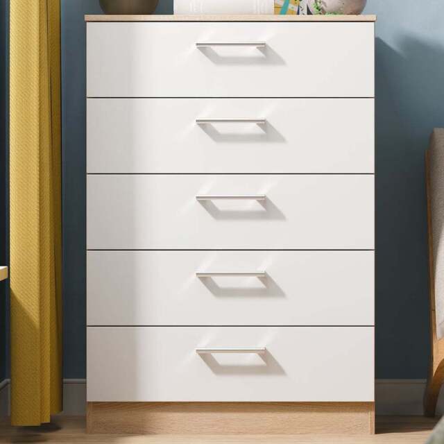 Crowndale Devon 5 Drawer Matt White and Bardolino Oak Chest of Drawers Ready Assembled - White Matt & Bardolino Oak - Wilko - image 1