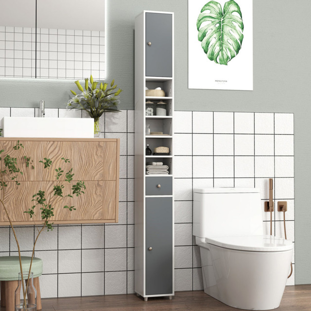 Costway Single Drawer 2 Door 5 Shelf Grey and White Tall Freestanding Bathroom Cabinet - Size: 20 x 20 x 180cm - Multi - Wilko - image 1