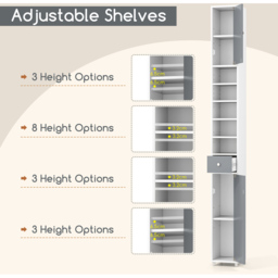 Costway Single Drawer 2 Door 5 Shelf Grey and White Tall Freestanding Bathroom Cabinet - Size: 20 x 20 x 180cm - Multi - Wilko - thumbnail 6