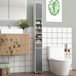 Costway Single Drawer 2 Door 5 Shelf Grey and White Tall Freestanding Bathroom Cabinet - Size: 20 x 20 x 180cm - Multi - Wilko