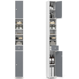 Costway Single Drawer 2 Door 5 Shelf Grey and White Tall Freestanding Bathroom Cabinet - Size: 20 x 20 x 180cm - Multi - Wilko - thumbnail 3