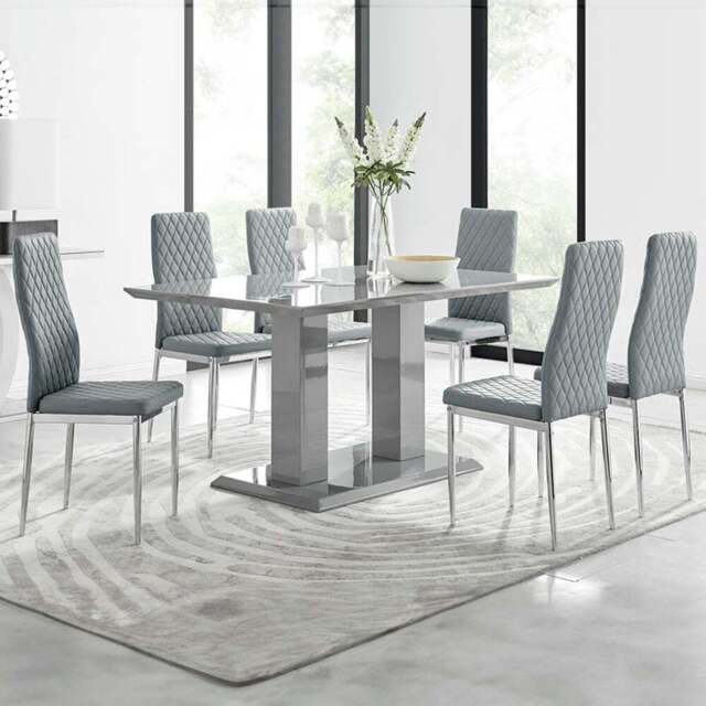 Furniturebox Molini Modern Valera 6 Seater Dining Set Grey Gloss and Chrome - Wilko - image 1