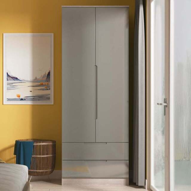 Crowndale Milan 2 Door 2 Drawer Grey Gloss and Grey Oak Tall Wardrobe Ready Assembled - Grey Gloss & Grey Oak - Wilko - image 1