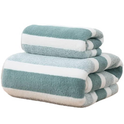 Dyzi Green Striped Ultra Absorbent Quick Dry Hand and Bath Towel Set - Size: 140 x 70 x 3cm - Wilko