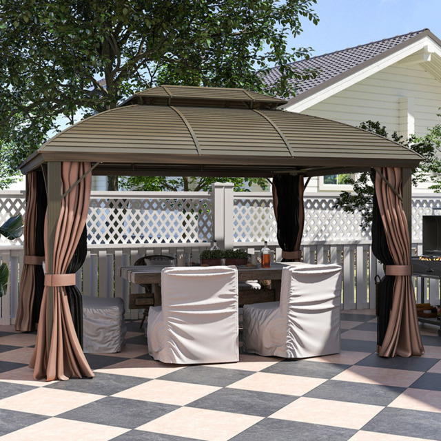 Outsunny 3.65 x 3m Coffee Aluminium Double Roof Hard Top Gazebo - Brown - Wilko - image 1