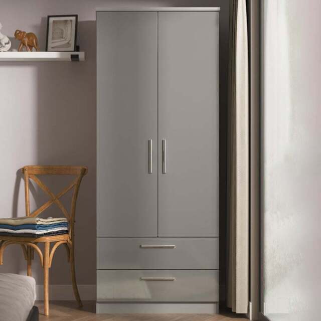 Crowndale Knightsbridge 2 Door 2 Drawer Grey Gloss and Dusk Grey Wardrobe Ready Assembled - Grey Gloss & Dusk Grey - Wilko - image 1