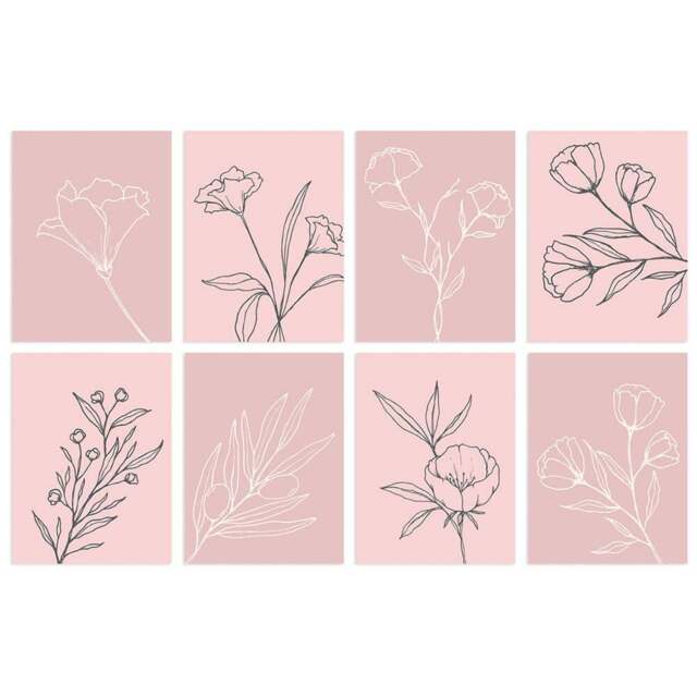 Wee Blue Coo Pastel Pink Line Boho Floral Art Wall Art Print 30 x 41cm 8 Pack - Size: 40.5 x 30.5 x 0.3cm - Wilko - image 1