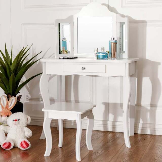 Costway Kids Single Drawer White Vanity Dressing Table Set with Mirror - Size: 79 x 43 x 26cm - Wilko - image 1