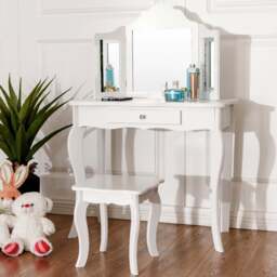 Costway Kids Single Drawer White Vanity Dressing Table Set with Mirror - Size: 79 x 43 x 26cm - Wilko