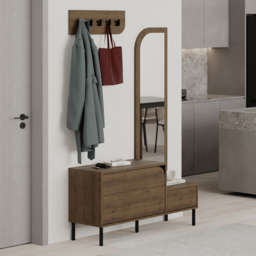 Decortie Mila 2 Door Dark Oak Effect Mirror Coat Stand and Shoe Cabinet - Size: 172 x 112 x 37cm - Brown - Wilko