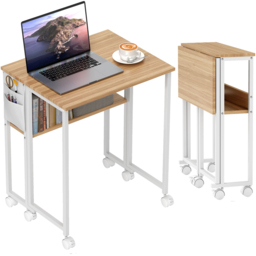 HOMCOM Single Shelf Foldable Computer Desk with Wheels and Side Bag Natural - Size: 75 x 50 x 63cm - Brown - Wilko - thumbnail 3
