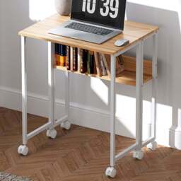 HOMCOM Single Shelf Foldable Computer Desk with Wheels and Side Bag Natural - Size: 75 x 50 x 63cm - Brown - Wilko