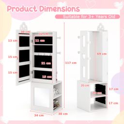 Costway 2 Shelf White Kids Jewellery Armoire Full Length Mirror with Coat Rack - Size: 34 x 30 x 117cm - Wilko - thumbnail 7