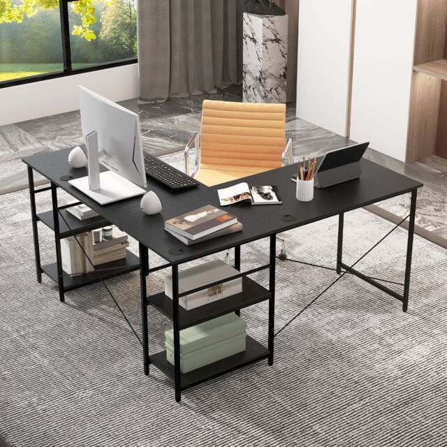 Costway 4 Shelf Black L-Shaped Wooden Industrial Desk - Size: 151 x 151 x 75cm - Wilko