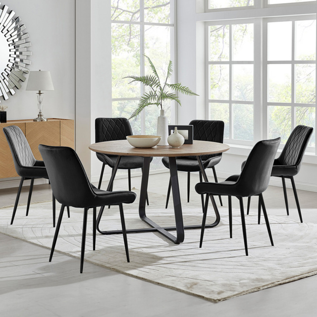 Furniturebox Fira Cesano Wood Effect 6 Seater Round Dining Set Brown and Black - Wilko - image 1
