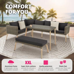 tectake Pula 7 Seater Natural Rattan Garden Corner Lounge Set - Brown - Wilko - thumbnail 5