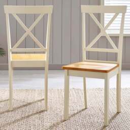 Furniturebox Marros Set of 2 Cream and Oak Effect Solid Wood Crossback Dining Chairs - Brown - Wilko - thumbnail 1