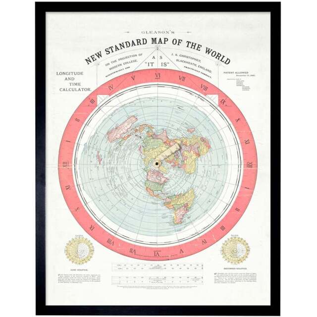 Artery8 Map Gleason 1892 World Time Calculator Flat Earth Framed Wall Art Print 30 x 41cm - Size: 43.3 x 33.3 x 1.5cm - Cream - Wilko - image 1